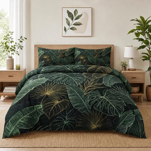 WeCozy Full Size Comforter Set with 2 Pillowcases, Green Tropical Leaves Bedding Set for Kids and Adults, Monstera Palm Leaf Soft Comforter Set for Bedroom Bed Decor