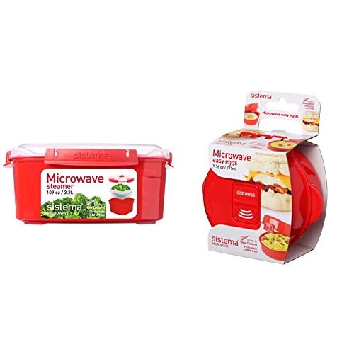 Sistema Microwave Food Steamer with Removable Steamer Basket - Large 3.2 L - Red/Clear & 1117ZS Microwave Egg Cooker Easy Eggs, 271 ml - Red