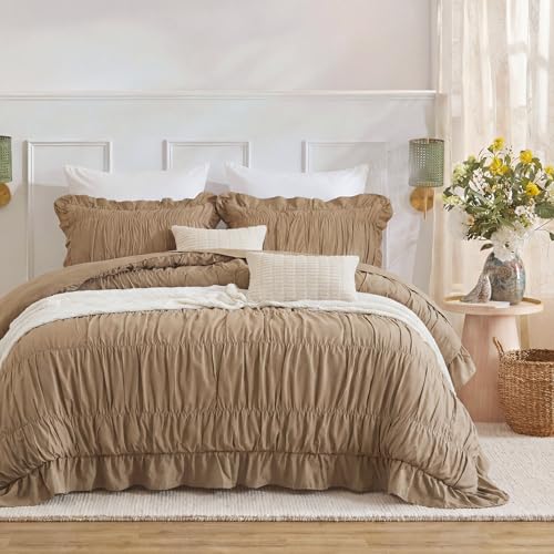 Herside Taupe Ruffle Duvet Cover Set Queen Size,Ruched Boho Bedding 3 Pieces Shabby Chic Luxury Wrinkle Ruffle Comforter Cover Set,Breathable and Soft Microfiber Quilt Cover Set for All Seasons