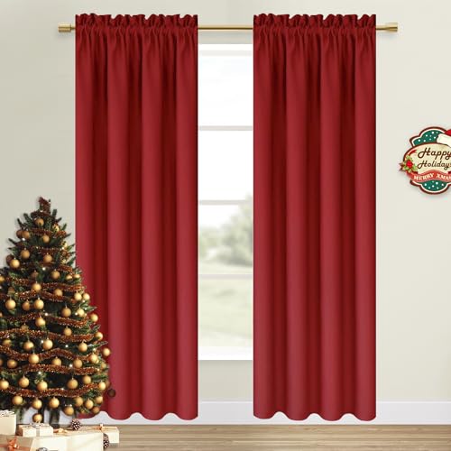DWCN Christmas Blackout Curtains Room Darkening Thermal Insulated Bedroom Curtains Window Curtain Panels, 52 x 84 inches Long, Set of 2 Red Rod Pocket Drapes