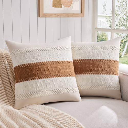 ZeeMart 2 Pack Boho Throw Pillow Covers, Contrast Caramel 20x20in - Soft Breathable Cotton, Farmhouse Decorative Couch Pillow Cases, Cushion Covers for Sofa Bed Living Room Home Decor