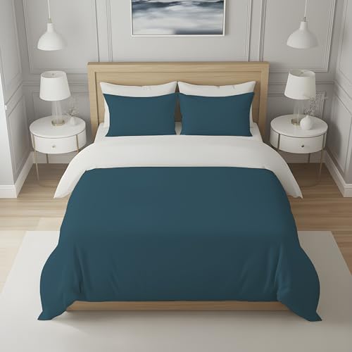 Soleil d'ocre, Two-Tone Cotton Duvet Cover 57 Thread Count 260 x 240 cm White and Duck Egg Blue