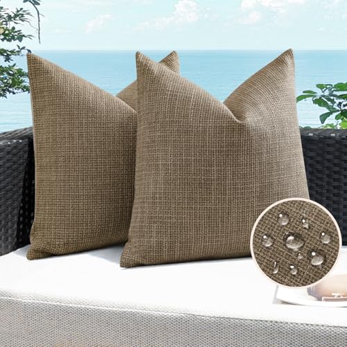 Artscope Outdoor Waterproof Throw Pillow Covers 18x18 Inch Decorative Linen Outdoor Pillows Cushion Case for Patio Couch Sofa - Light Coffee