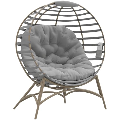 Outsunny Egg Chair with Soft Cushion, Outdoor Lounge Chair with Steel Frame and Side Pocket, Garden Leisure Seat for Indoor, Outdoor, Light Grey