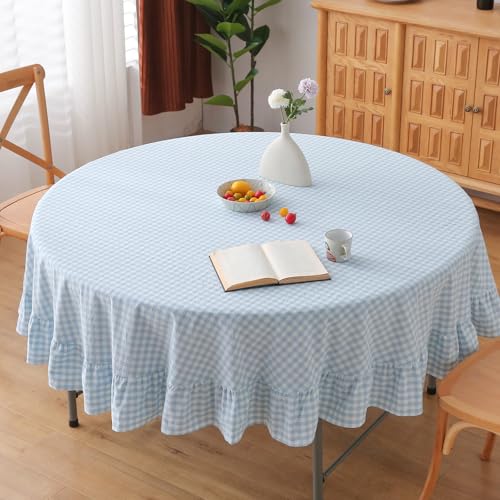 K MASANIJI Light Blue White Plaid Gingham Ruffled Table Cloth Round Cover, 100% Washed Cotton Farmhouse Checker Vintage Decorative Tablecloth - Dia.70in
