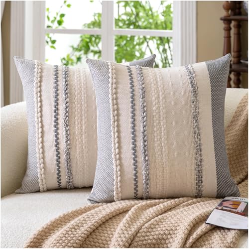 Cethom Boho Throw Pillow Covers 20x20 Inch Set of 2, Grey Textured Decorative Couch Pillow Cases for Farmhouse Home Decor, Accent Cushion Cover for Sofa, Bed, Living Room, Bedroom