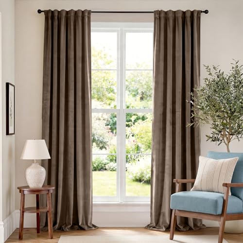 "Lazzzy Velvet Blackout Curtains Thermal Insulated Room Window Drapes Super Soft Luxury Curtains for Living Room Bedroom Rod Pocket 2 Panels, Truffle, 52"" W x 120"" L"