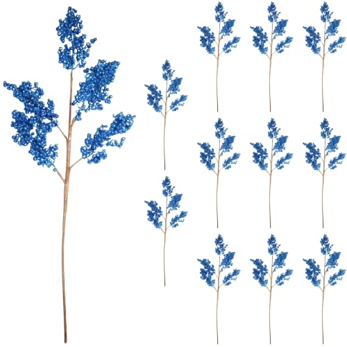 Christmas Tree Small Berry Picks, Glitter Stems, 50cm Dark Blue, 12Pcs - Glitter Berry Clusters, Artificial Branches for Wreaths, Garlands, Vases, Table Centrepieces, Festive Floral Arrangements