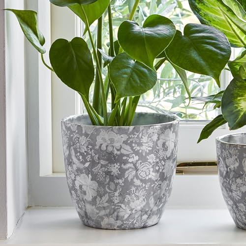 Ivyline Monza Vintage Planter in Grey - Waterproof, Contemporary & Stylish - Durable Round Indoor Floral Ceramic Flower Houseplant Pot - H17cm x D17cm