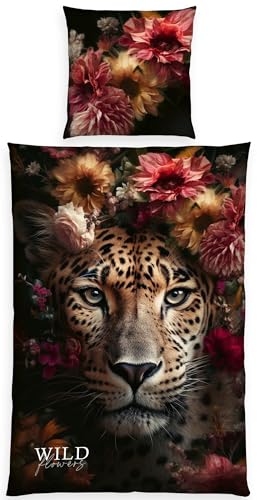 Herding Wild Flowers Leopard Bed Linen, Pillowcase Approx. 80 x 80 cm, Duvet Cover Approx. 135 x 200 cm, with Zip, 100% Cotton