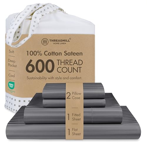 "Threadmill 600TC Cotton King Sheet Set, Sateen, Damask Stripe, Dark Grey - 100% Cotton, Sateen Weave, Damask Stripe Pattern, 4-Piece Set, 16"" Deep Pocket, Cooling, OEKO-TEX Certified, Machine Washable"