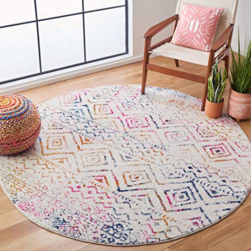 Safavieh Boho Rug for Living Room, Dining Room, Bedroom - Tulum Collection, Short Pile, in Ivory and Fuchsia, 200 x 200 cm