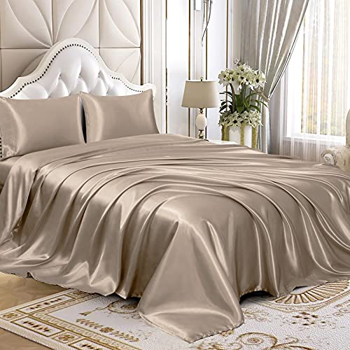Homiest Queen Sheet Set Taupe Satin Bedding Sheets Set, 4pc Queen Bed Sheet Set with Deep Pockets Fitted Sheet