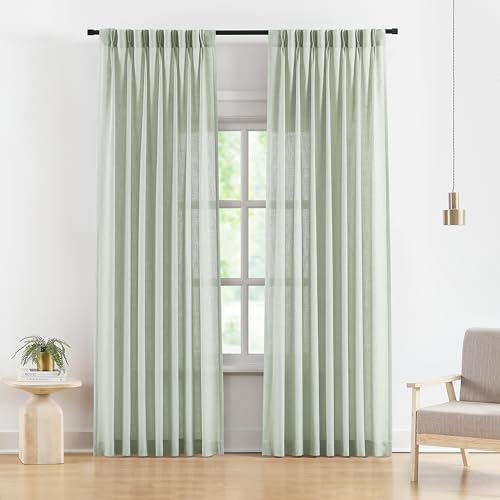 "Vision Home Green Semi Sheer Pencil Pleat Textured Linen Blend Light Filtering Curtains for Living Room Bedroom with Hooks 2 Panels, 9ft x 40"" W x 108"""