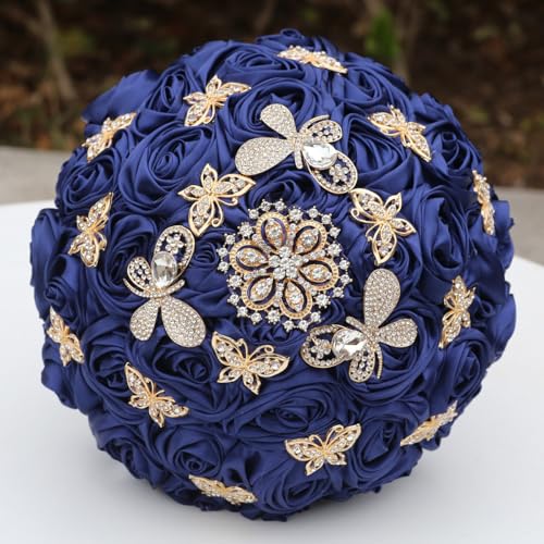 "Mhojpik Handmade Wedding Flowers Bouquet Round Holding Bridal Bouquet Toss Artificial Rose Bunch for Bride Bridesmaid Wedding Quinceanera (Navy Blue, 9.8"")"