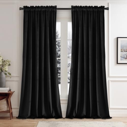 JIUZHEN Velvet Blackout Curtains for Bedroom - 84 inches Thermal Insulated Room Darkening Rod Pocket Drapes for Ofiice/Party, Set of 2 Panels with Tiebacks, 60W x 84L, Black