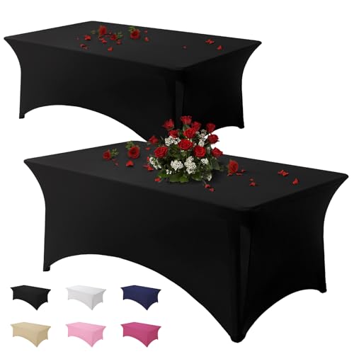 Famstar Table Cloth 2 Pack Black 8FT Spandex Tablecloth for Rectangle Fitted Table Cloths Stretch Covers Washable Wrinkle Free Tablecloths for Festival Camping Picnic Wedding Party (244Lx76Wx76H) cm