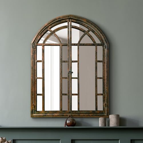 "MirrorOutlet Dark Rustic Metal Framed Arched Wall Mirror with Opening Doors 31"" X 24"" (78CM X 61CM) With Doors Open 43"" X 31"" (110cm X 78CM)."