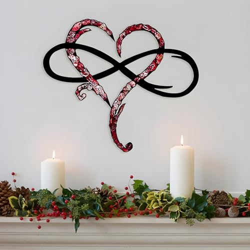 Infinity Heart Wall Decor, Unique Infinity Heart Metal Wall Art Decor Love Sign Steel Wall Plaques Bedroom Ornaments for Home Wedding Decor, Room Living Room Decoration (Red Black, 15.7x14inch)