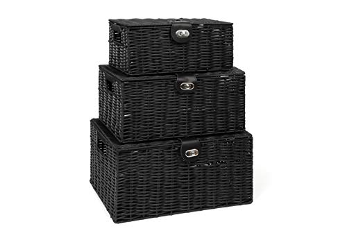 Arpan Set of 3 Resin Woven Storage Basket Box with Lid & Lock (Black)