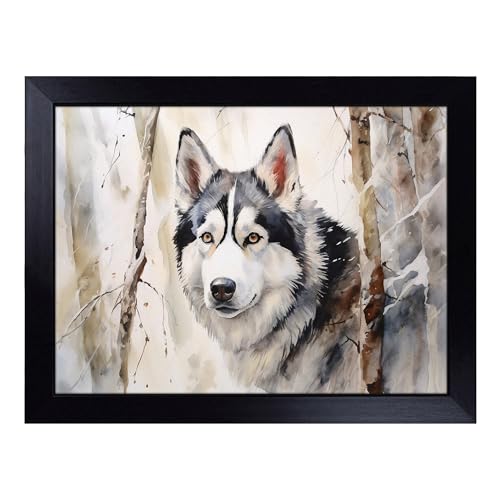 Lap Tray with Bean Bag Cushion, Husky Watercolour - Handmade in the UK, Raised Wooden Edge, Padded Cushion, Heat-Resistant Wipe-Clean Surface, for Meals, Laptops and Crafts
