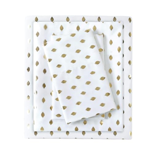 "Intelligent Design Microfiber Cozy Bed Sheet Set, Modern All Season Bedding & Pillowcases, Premium 14"" Elastic Pocket Fits up to 16"" Mattress, Twin White/Gold Metallic Dot 3 Piece"
