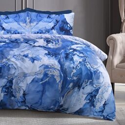 Sleepdown Metallic Marble Sparkle Glitz Blue Silver Reversible Soft Easy Care Duvet Cover Quilt Bedding Set with Pillowcase - Single (135cm x 200cm)