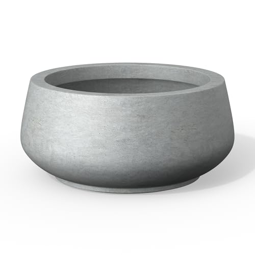 "Kante Planter, Concrete Gray, 16.9"" Dia - Rubber Plug for Indoor, Drainage for Garden, All-Weather Cement Flower Pot, Handcrafted, Anti-Frost & UV, Modern Home Decor"