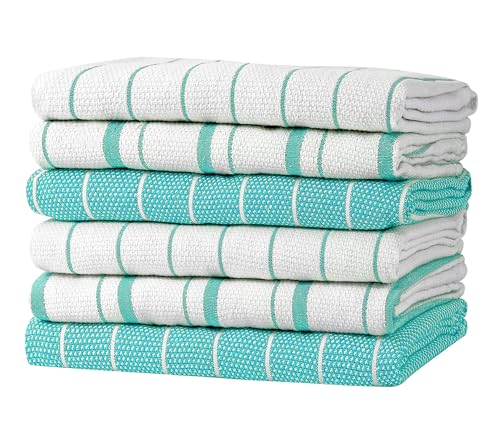 Zeppoli Classic Kitchen Towels - 6 Pack - 20 by 28 inches - 100% Natural Cotton Dish Reusable Cleaning Cloths - Super Absorbent - Machine Washable Hand Towels (Aqua)