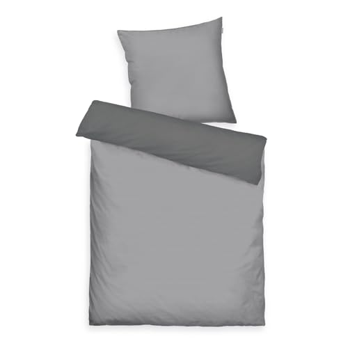 Herding Tom Tailor Satin Bed Linen 80 x 80 cm + 155 x 220 cm, 100% Cotton/Satin, with Double Stitching on Pillow, Reversible Motif and Coloured Brand Zip, Two-Tone Solid Colours Grey (Moody Grey)