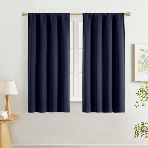 "Lecloud Navy Blue Room Darkening Curtains 54 Inch Length 2 Panels, Solid Window Curtains for Bedroom, Energy Thermal Insulating Rod Pocket Curtain Drapes for Small Window, 40"" W x 54"" L"