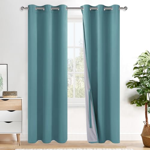 XWZO 100% Blackout Curtains - Thermal Insulated Black Liner Curtains, Noise Reducing and Heat Blocking Drapes for Hall and Studio Windows with Tiebacks, Stone Blue, W38 x L84, Set of 2