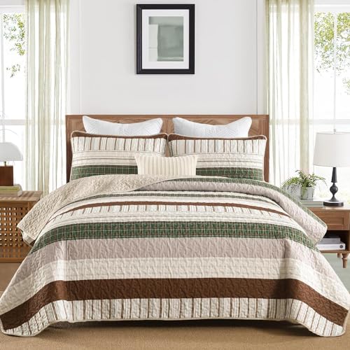 "DJY Striped Quilt Set Full Size, Boho Brown Green Striped Bedspread Coverlet Set Soft Microfiber Patchwork Quilt Bedding Set 3 Pieces for All Season(78""x90"")"
