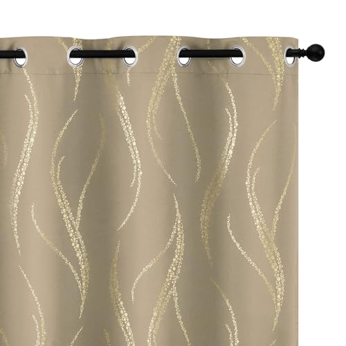 Yakamok Light Blocking Curtains 54 Inches- Gold Wave Line Dots Print Grommet Drapes, Room Darkening Curtain, Window Panels for Living Room/Bedroom (42W x 54L Inch, Set of 2, Natural)