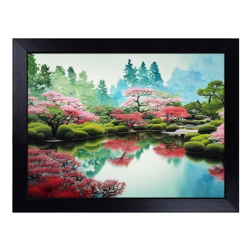 Lap Tray with Bean Bag Cushion, Watercolour Japanese Garden Pond - Handmade in the UK, Raised Wooden Edge, Padded Cushion, Heat-Resistant Wipe-Clean Surface, for Meals, Laptops and Crafts