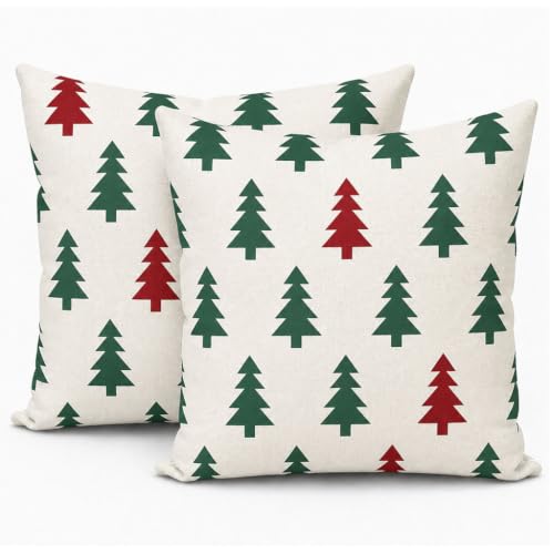 HERHOME Red Green on Cream Christmas Tree Farmhouse Decorative Throw Pillow Covers 18 x 18 Set of 2, Outdoor Cushion Cases for Home Bed Couch Sofa XHP-284-18