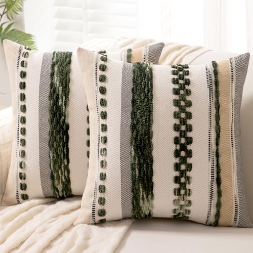 WANLIRD Boho Throw Pillow Covers 18x18 Set of 2 Christmas Decorative Cushion Case Striped Square Pillows Cover Chenille Pillow Cases Accent Neutral Pillowcase for Sofa Couch Bed,Dark Green