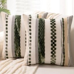 WANLIRD Boho Throw Pillow Covers 18x18 Set of 2 Christmas Decorative Cushion Case Striped Square Pillows Cover Chenille Pillow Cases Accent Neutral Pillowcase for Sofa Couch Bed,Dark Green