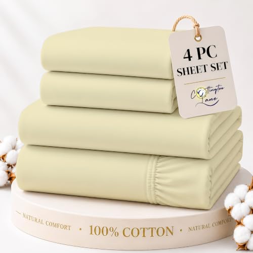 Cottington Lane 100% Cotton Twin XL Sheet Set, 4 Piece Beige Luxury Hotel Quality Sheets, Deep Pocket Fits 8-16 Inch Mattress, Soft, Durable, Cooling & Breathable Bedding for Twin XL Bed