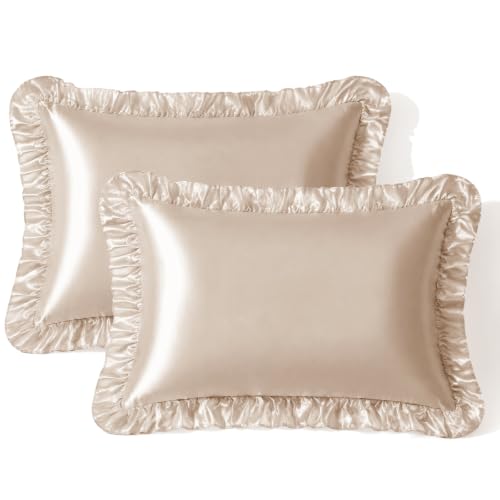 SiinvdaBZX Ruffled Standard Satin Pillowcase Set of 2, Beige - 20 x 26 Inch Silky Satin Pillow Cases for Women Ruffle Pillow Shams Covers Princess Room Decoration, Envelope Closure