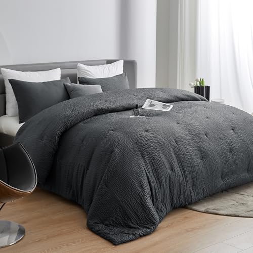 HOMBYS Seersucker 3 Piece Duvet Cover Set 132 x 120, Breathable, Grey, Soft, Lightweight Alternative Duvet Cover, Bedding Set of 2 Pillowcases for Everyone