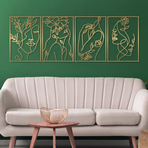 Glamativity 4 Pack Gold Wall Art Decor, Female Flower Face Lover Minimalist Décor Single Line Art Wall Décor, Real Metal Wall Art, Woman's Body Shape Abstract Wall Art, for Kitchen Bedroom Living Room