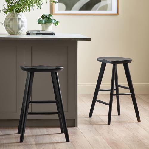 Julian Bowen Mulu Bar Stool - Solid Oak Barstool with Saddle Seat, Wooden Legs & Footrest, 66cm Tall Kitchen Island Stool for Breakfast Bar - Black