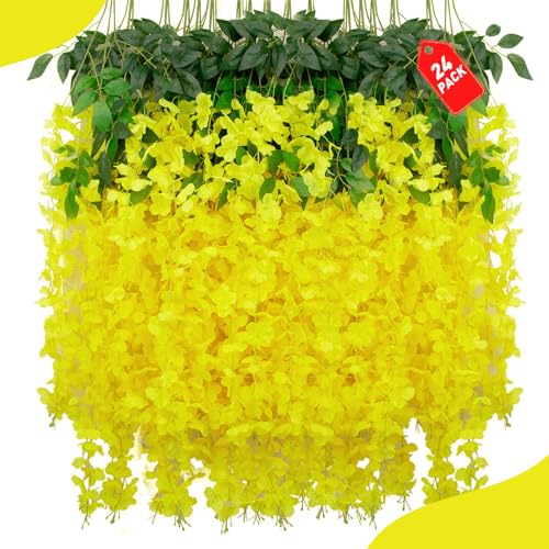 ZEBMOON 24 Pack Yellow Wisteria Hanging Flowers, 3.4 Ft Fake Hanging Flowers, Artificial Wisteria Garland Vines for Wedding Room Backdrop Outdoor Patio Garden Decoration