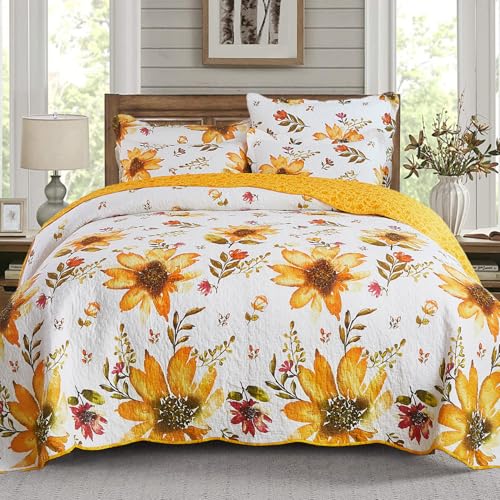 "Cmfshape Floral Quilt Sets Bedspread Set,100% Cotton Yellow Sunflower Bedding Set,Reversible Lightweight Soft Bedspread Coverlet for All Season with 2 Pillow Shams(King 106""x96"")"