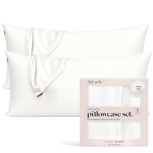 Kitsch 100% Satin Pillowcase with Zipper, Softer Than Silk Pillowcase for Hair & Skin, Cooling Pillow case, Satin Pillow Case Cover (King (2 Pack), Ivory)