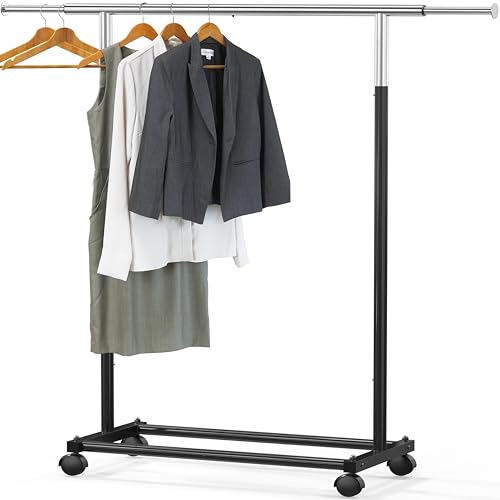 Simple Houseware Standard Rod Garment Rack - Single Rail, Extendable Width from 30 to 47 Inches, Rolling Clothing Organizer for Bedroom, Laundry, Living Room
