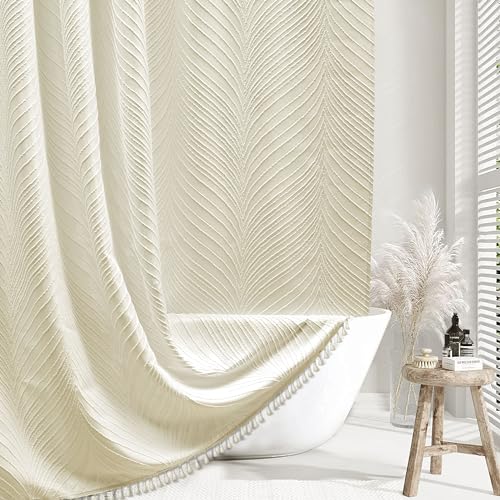 Siiluminisoy Extra Long Beige Boho Shower Curtain - Woven Fabric, 72 x 84 Inch Tufted Leaves Textured Striped Modern Farmhouse Minimalist Cloth for Bathroom