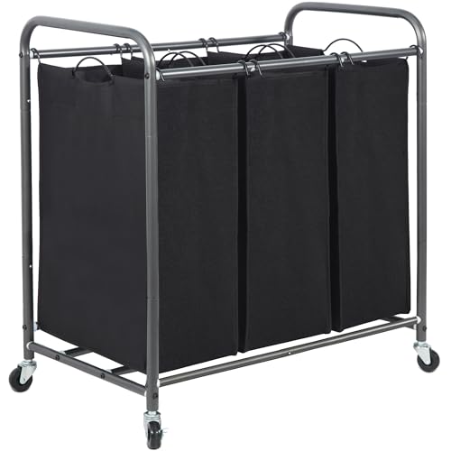 STORAGE MANIAC 3-section laundry sorter, trolley laundry basket 136 l with strong locking wheels and removable bags, organizer clothes separator, black