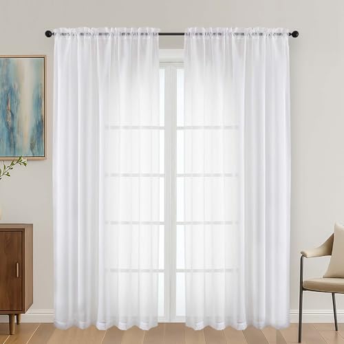 OVZME White Sheer Curtains 72 Inches Long 2 Panels Set, Light Filtering Sheer Curtains for Living Room Bedroom 59 Inch Extra Wide, Modern Voile Filmy Rod Pocket Window Drapes, 59Wx72L Inches